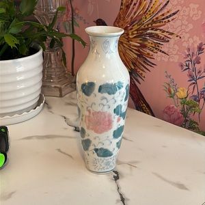Vintage Tall Flower Vase W/ Pink Peonies Blue/Green Accents Japanese Porcelain